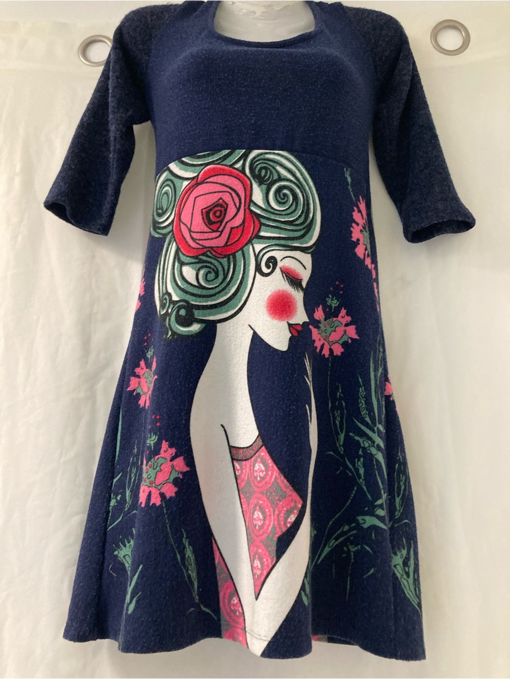 Smash! Art Print Knit Dress Women Medium Navy Floral Portrait Graphic Boho